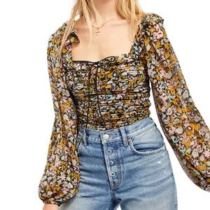 Free People Floral Mabel Balloon-Sleeve Top